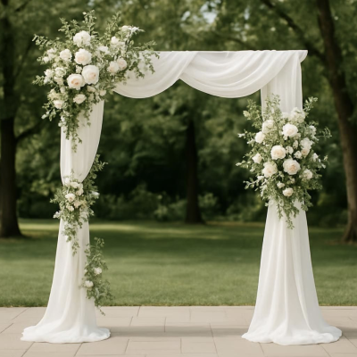 Arche décorée voilage blanc et fleurs artificielles